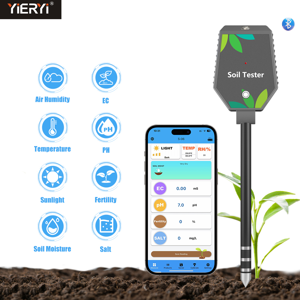 Plant Parent App - Yieryi 8-in-1 Slimme Bodemtester pH/Zout/EC/Vruchtbaarheid/Temp Bluetooth